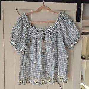 Gingham Smocked Puff-Sleeve Blouse in Light Green with Yellow Floral Embroidery